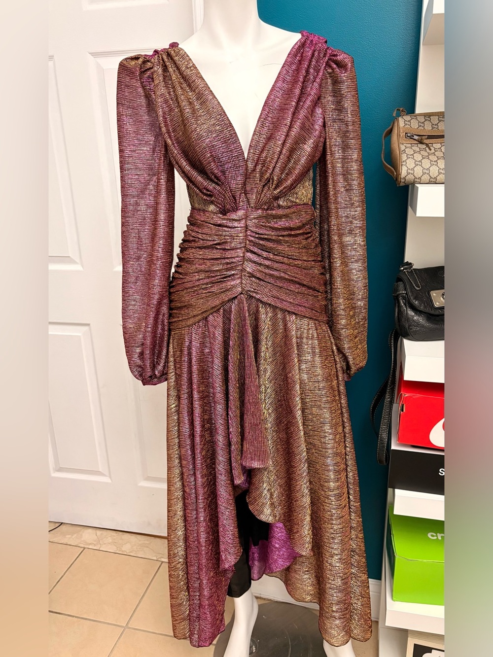 PATBO Metallic Open-Back Ruched Midi Dress – Size 0